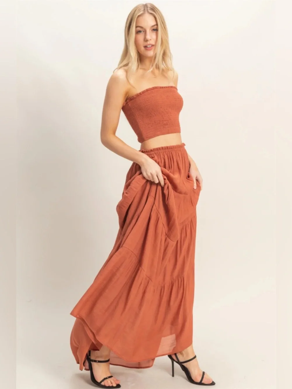 HYFVE Rust Maxi Skirt & Smocked Tube Top Set - Burnt Orange - Picture 1 of 7